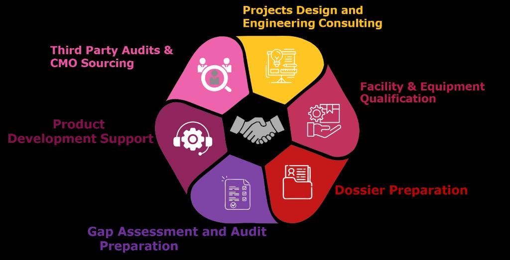 MK Pharma Solutions six core service areas: Projects Design and Engineering Consulting, Facility and Equipment Qualification, Dossier Preparation, Gap Assessment and Audit Preparation, Product Development Support, Third Party Audits and CMO Sourcing