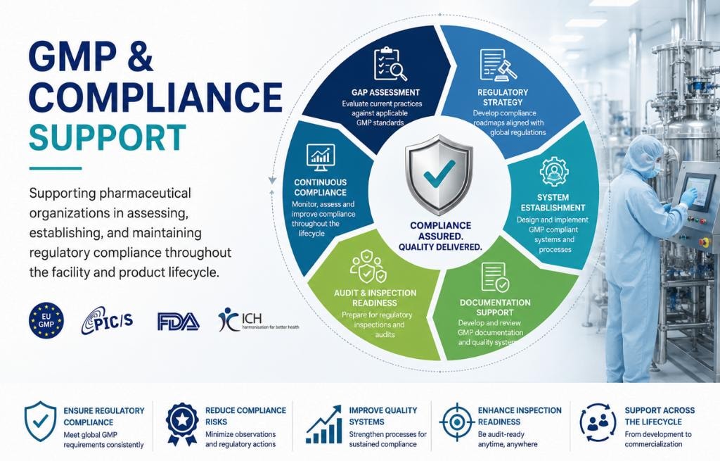 GMP & Compliance Support — compliance wheel infographic